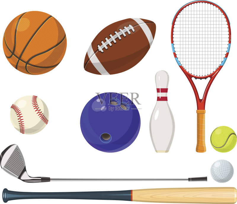 矢量运动器材卡通风格。球,球拍,高尔夫棍棒和其他矢量插图矢量图素材下载 - Veer图库